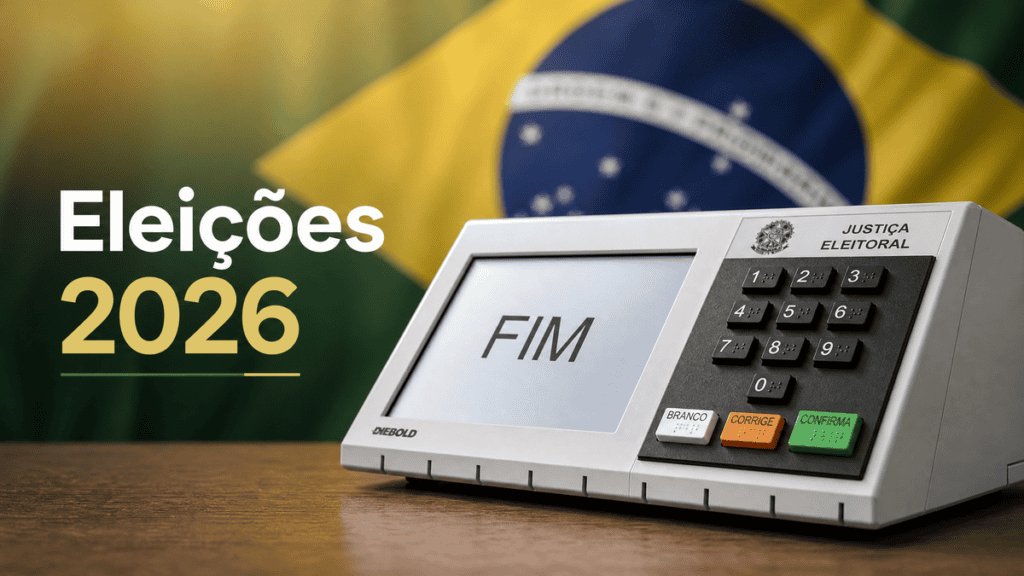 Urna eletrônica brasileira com bandeira do Brasil ao fundo representando as eleições de 2026