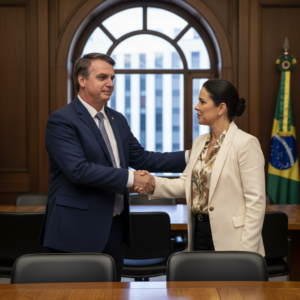 Flávio em reunião com deputada cotada para vice após ataque de Zema, discutindo estratégias políticas.