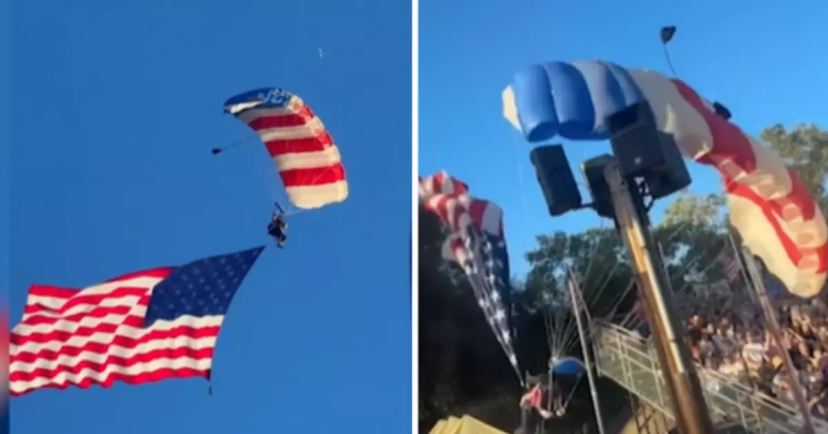 Paraquedista com bandeira gigante dos EUA se enrosca em árvore e cai sobre tenda em rodeio na Califórnia - Imagem do artigo