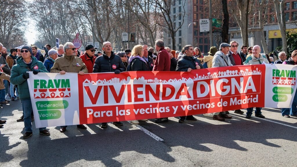 Manifestantes em protesto por moradia digna em Madri