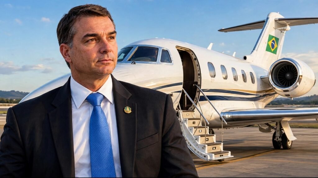 Flávio Bolsonaro diante de jatinho particular
